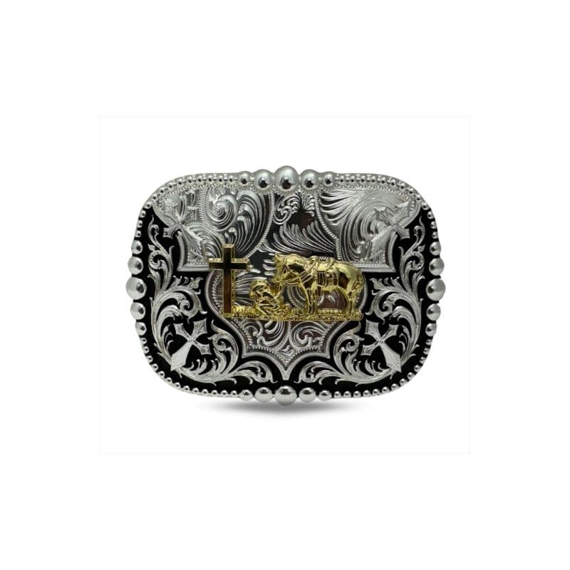 Hebilla vaquera Double G Ranch Fallen Cowboy Silver Black