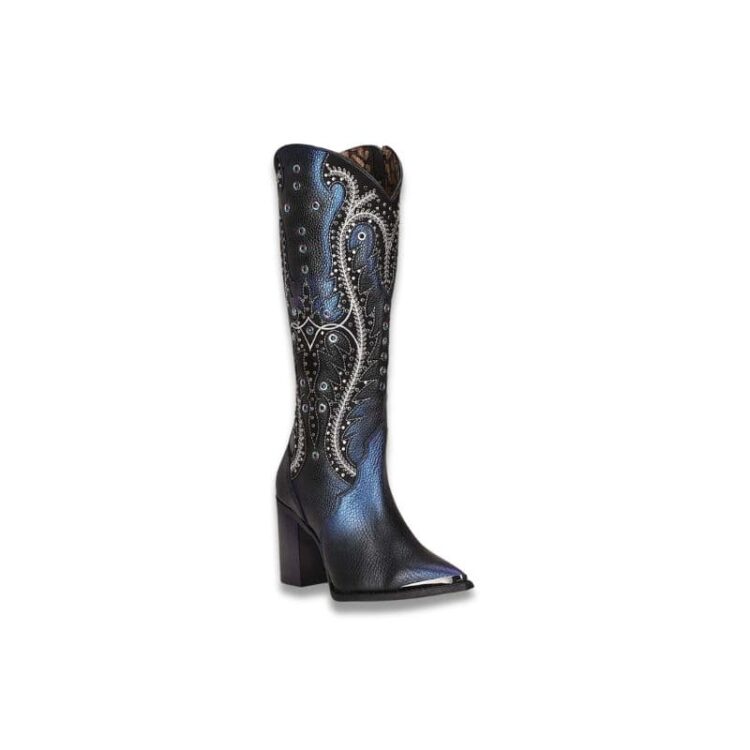 Bota vaquera alta de piel color negra para mujer
